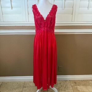 Red Slip Dress Lace Trim Maxi Nightgown Size Medium Romantic Feminine Coquette